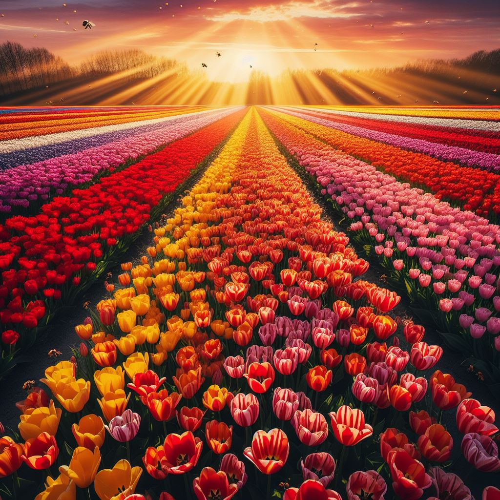 Sunset over colorful tulip field Sunset over colorful tulip field