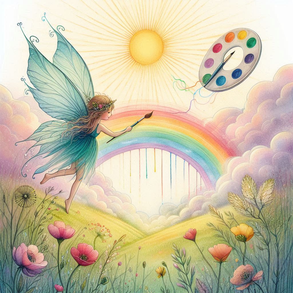 Fairy painting a rainbow in a field Fairy painting a rainbow in a field