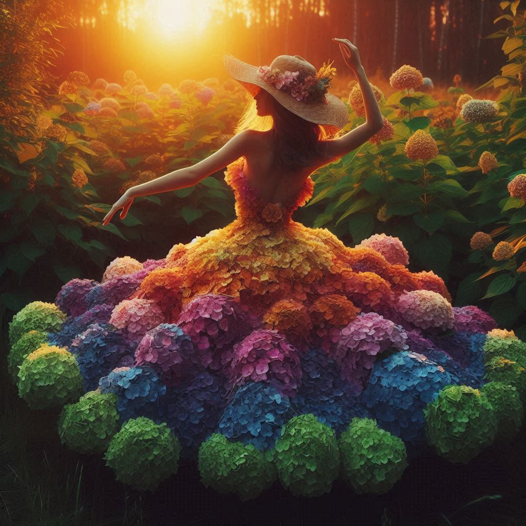 Woman in flower dress at sunset Woman in flower dress at sunset