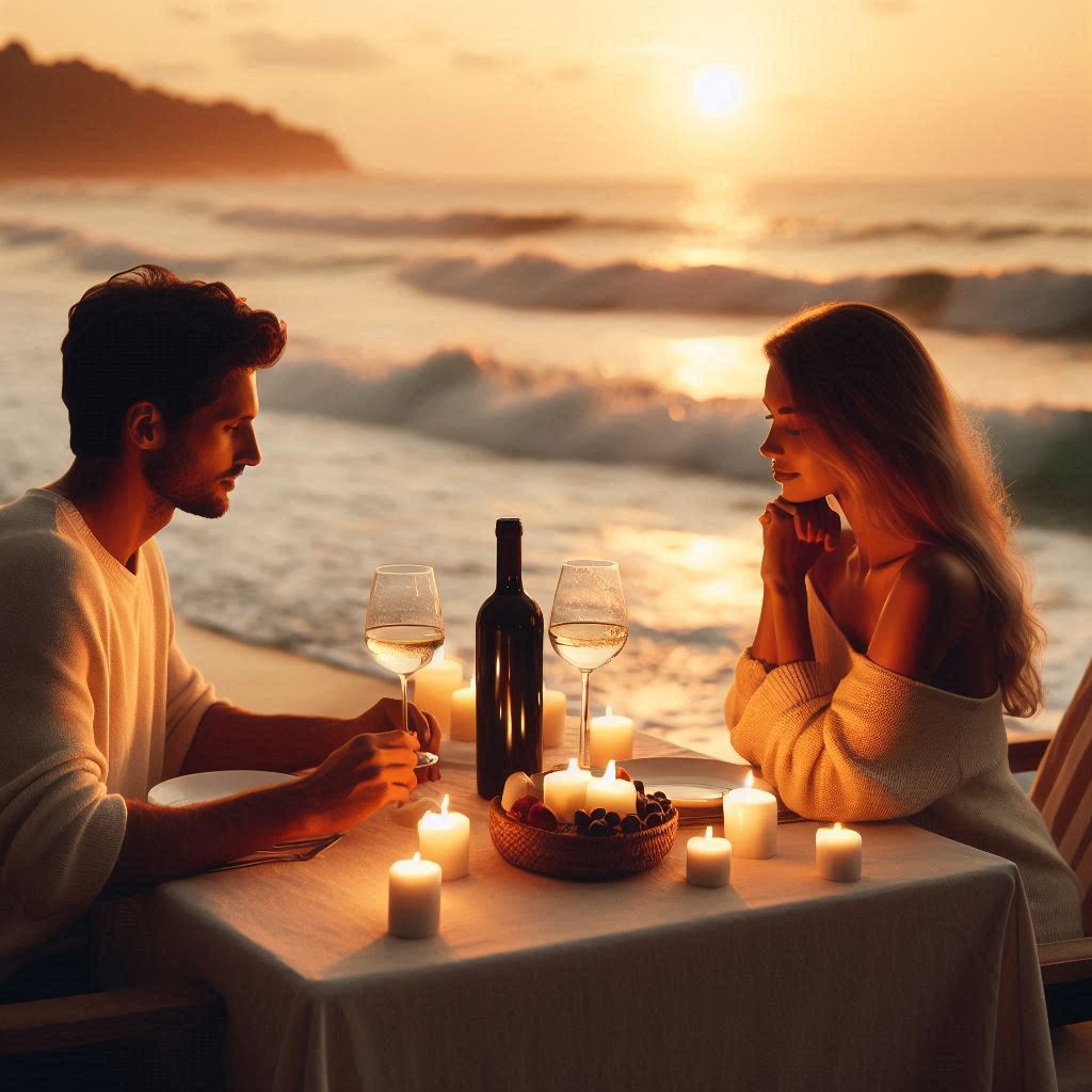 Romantic beach dinner at sunset Romantic beach dinner at sunset