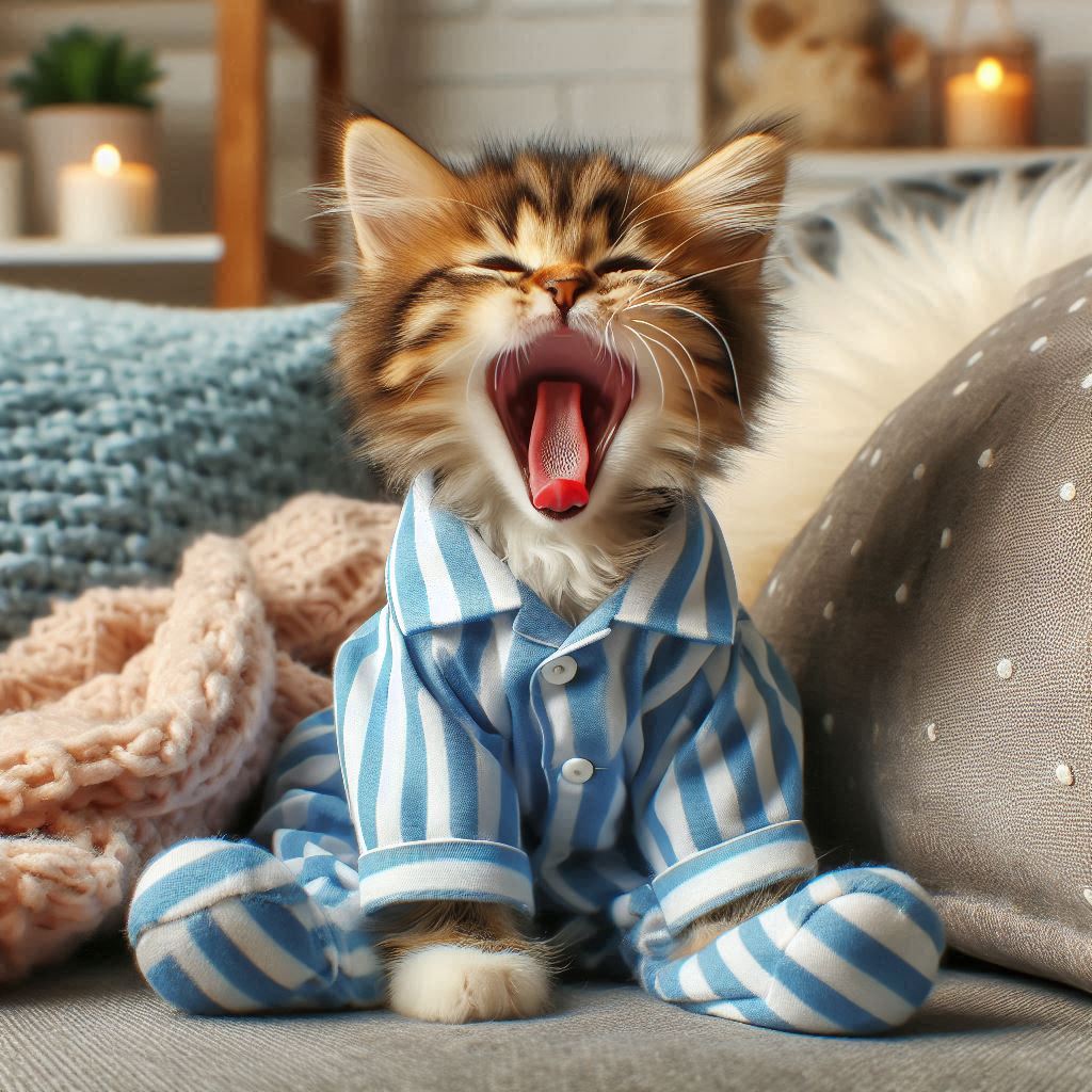 Kitten in pajamas yawning on couch Kitten in pajamas yawning on couch