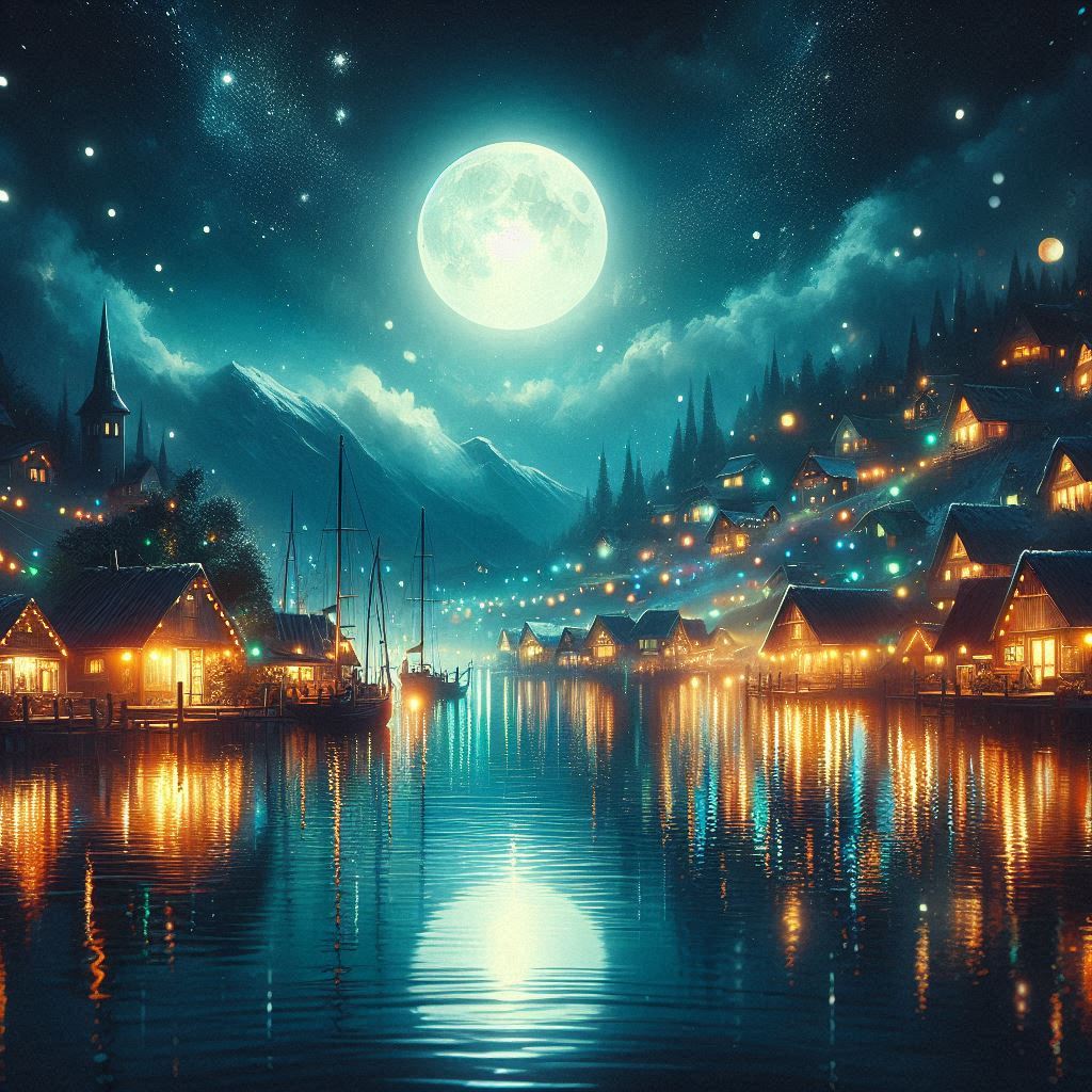 Moonlit village by the lake Moonlit village by the lake