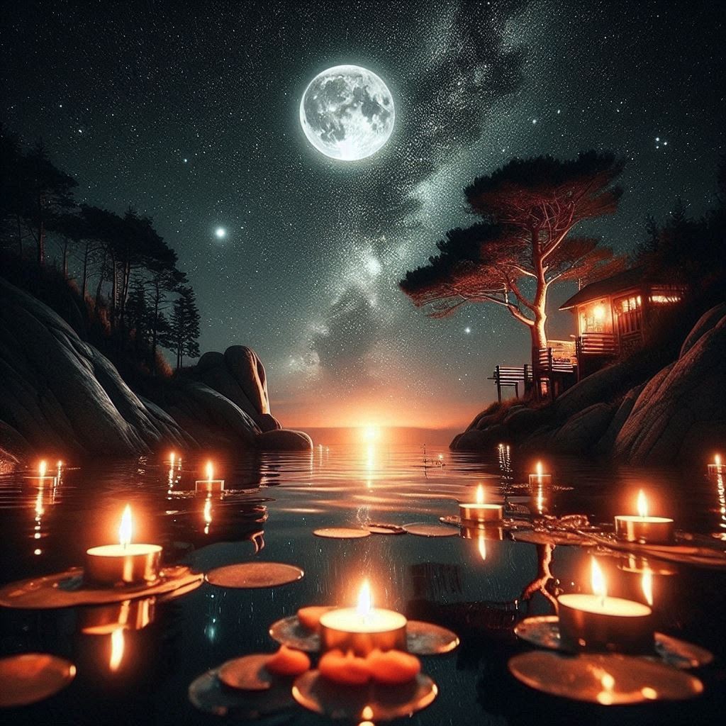 Nighttime lake scene with full moon Nighttime lake scene with full moon