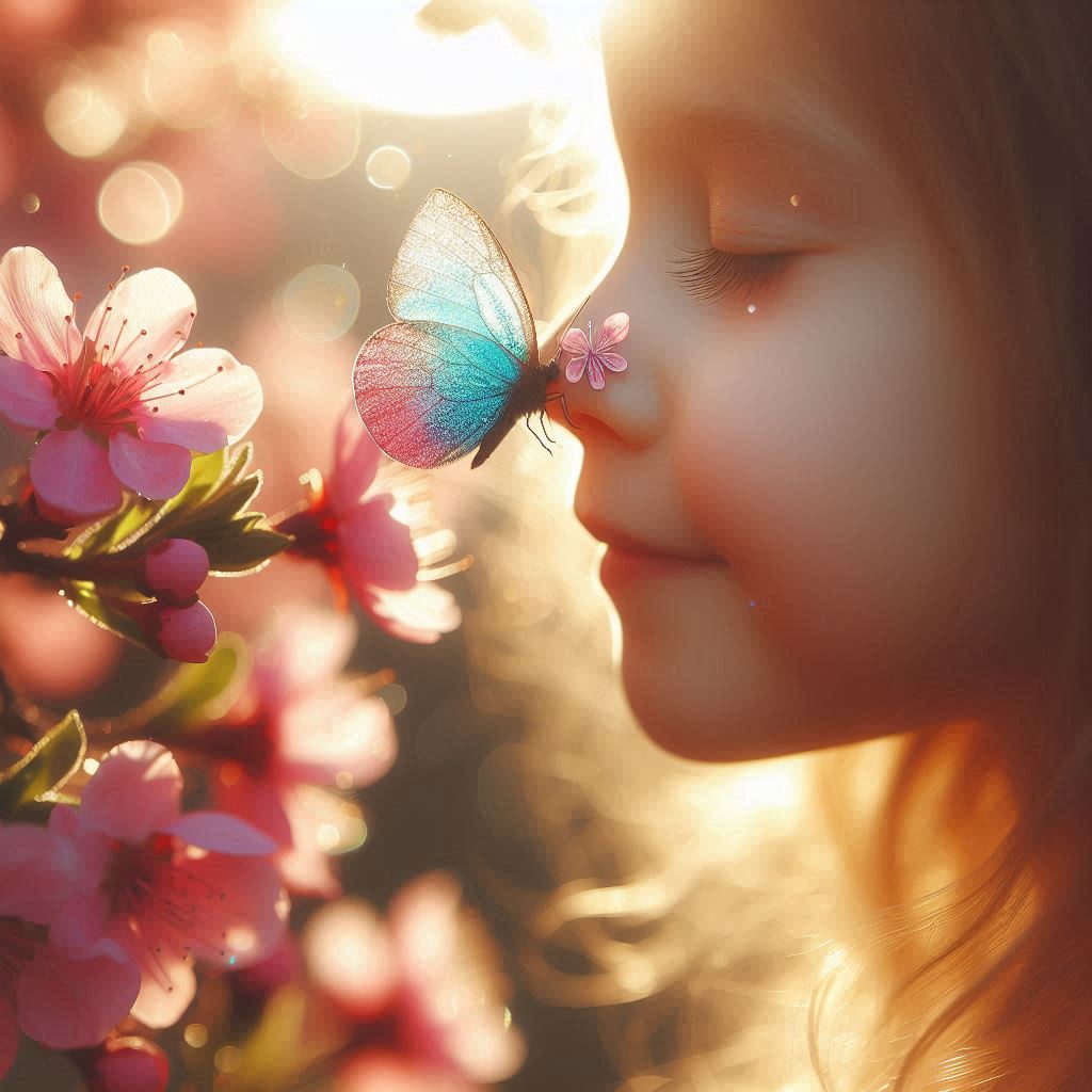 Girl and butterfly in spring blossom Girl and butterfly in spring blossom
