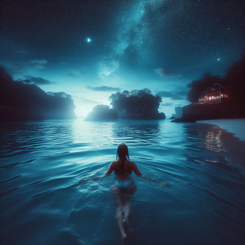 Woman swimming under starry night sky Woman swimming under starry night sky