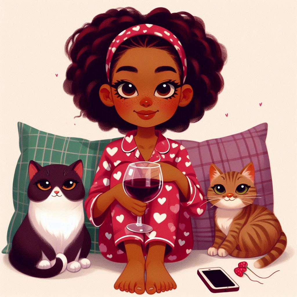 Woman in pajamas with wine and cats Woman in pajamas with wine and cats