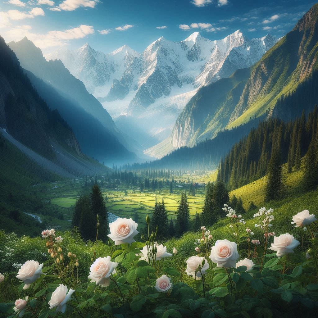 Mountain valley with white roses Mountain valley with white roses