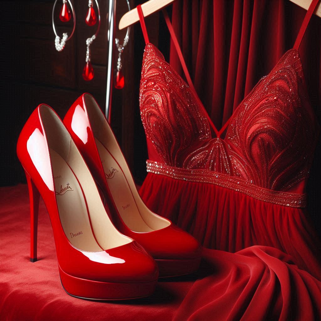 Red dress and heels on velvet Red dress and heels on velvet