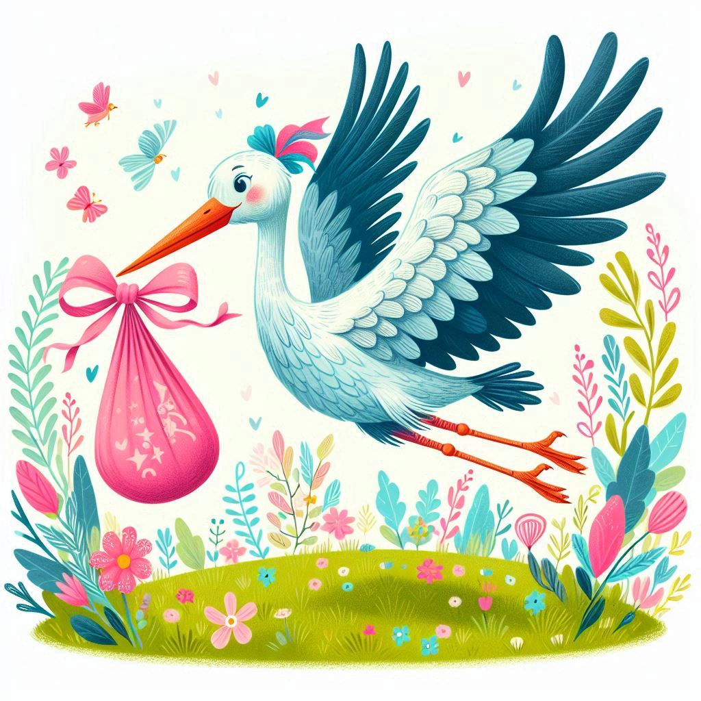 Stork delivering baby in meadow Stork delivering baby in meadow