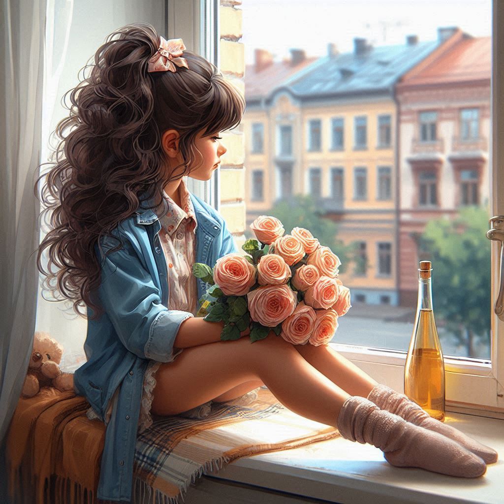 Girl holding roses by window Girl holding roses by window