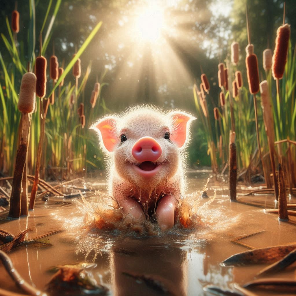 Piglet playing in sunlit pond Piglet playing in sunlit pond