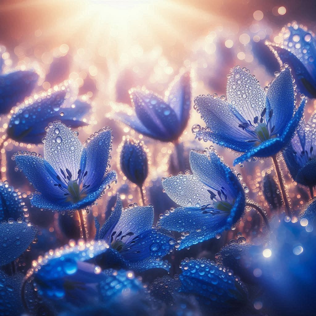 Dewy blue flowers in sunlight Dewy blue flowers in sunlight