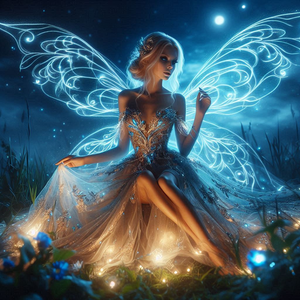 Fairy with luminous wings at night Fairy with luminous wings at night