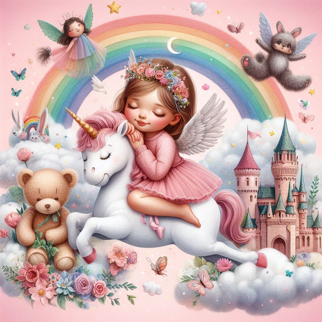Angel girl riding unicorn through rainbow Angel girl riding unicorn through rainbow