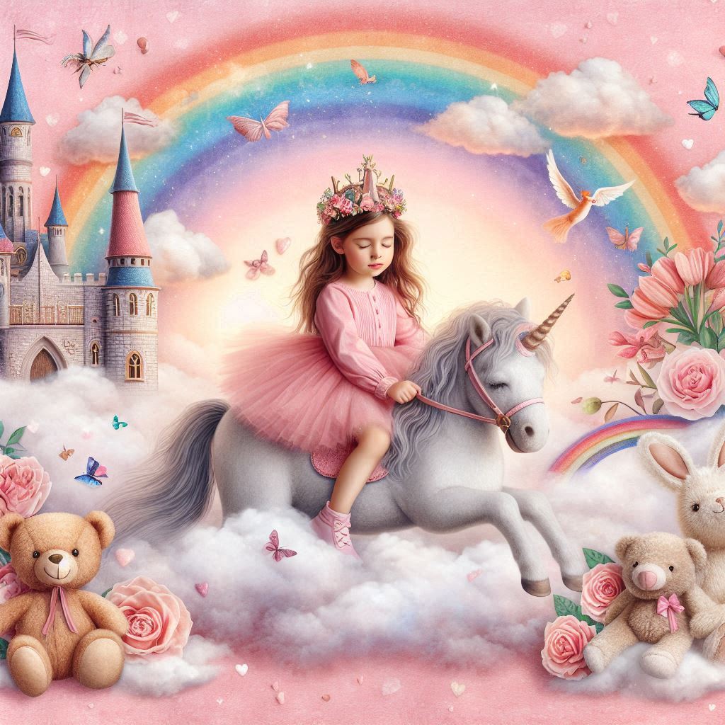 Little princess riding unicorn in dreamland Little princess riding unicorn in dreamland