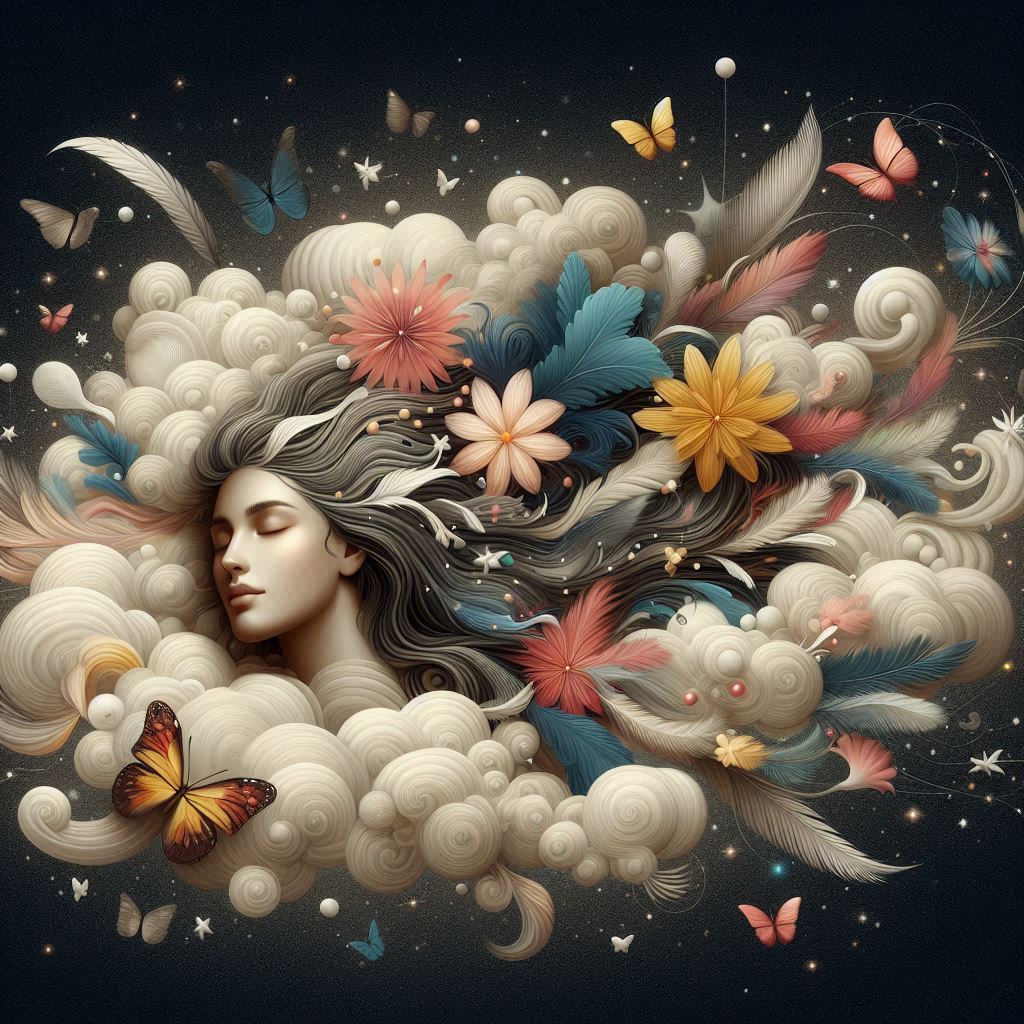 Woman sleeping in clouds with butterflies Woman sleeping in clouds with butterflies