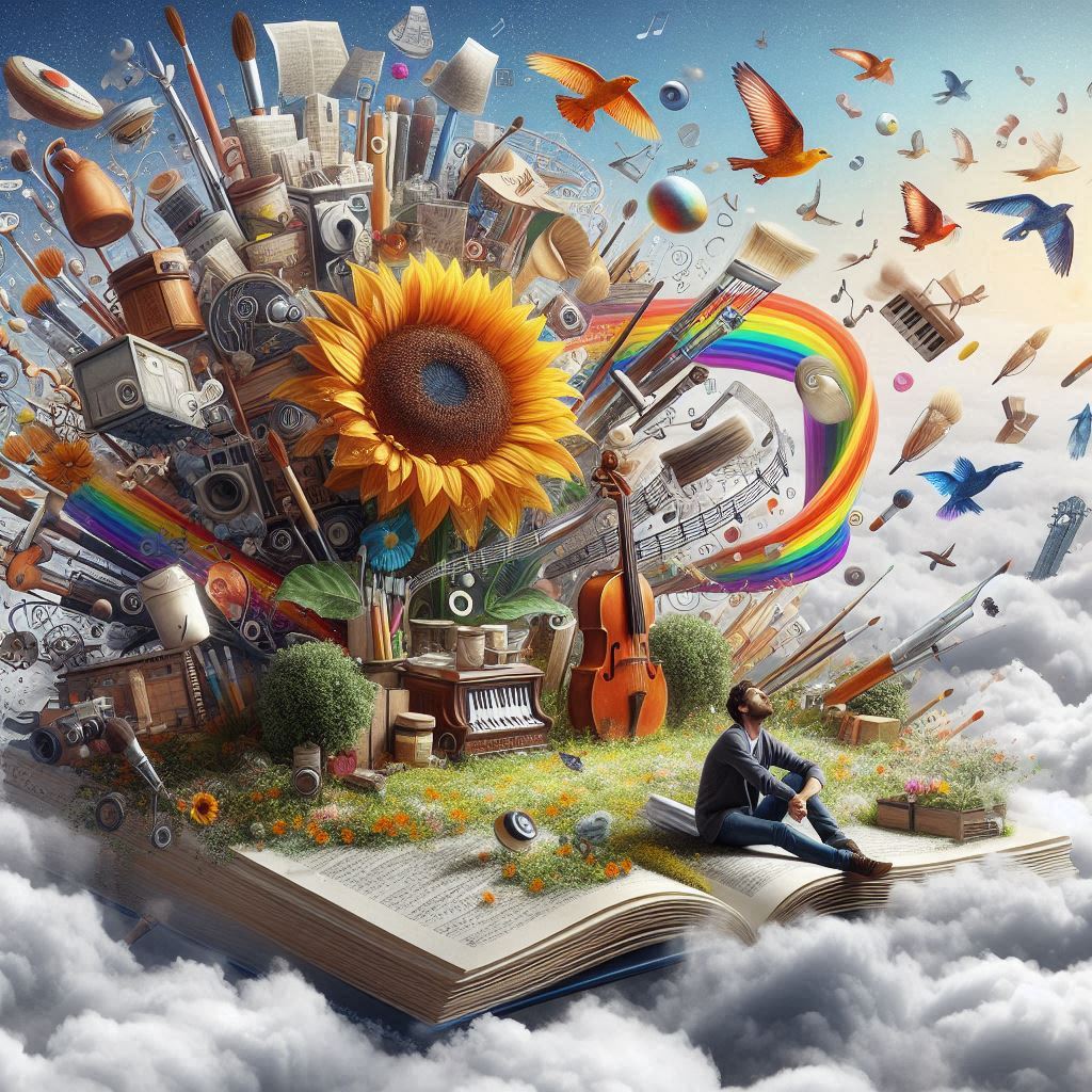 Man contemplating art on open book Man contemplating art on open book