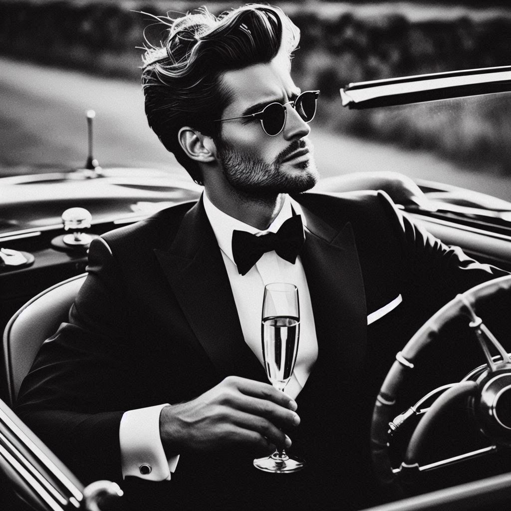 Man in tuxedo drinking champagne in car Man in tuxedo drinking champagne in car
