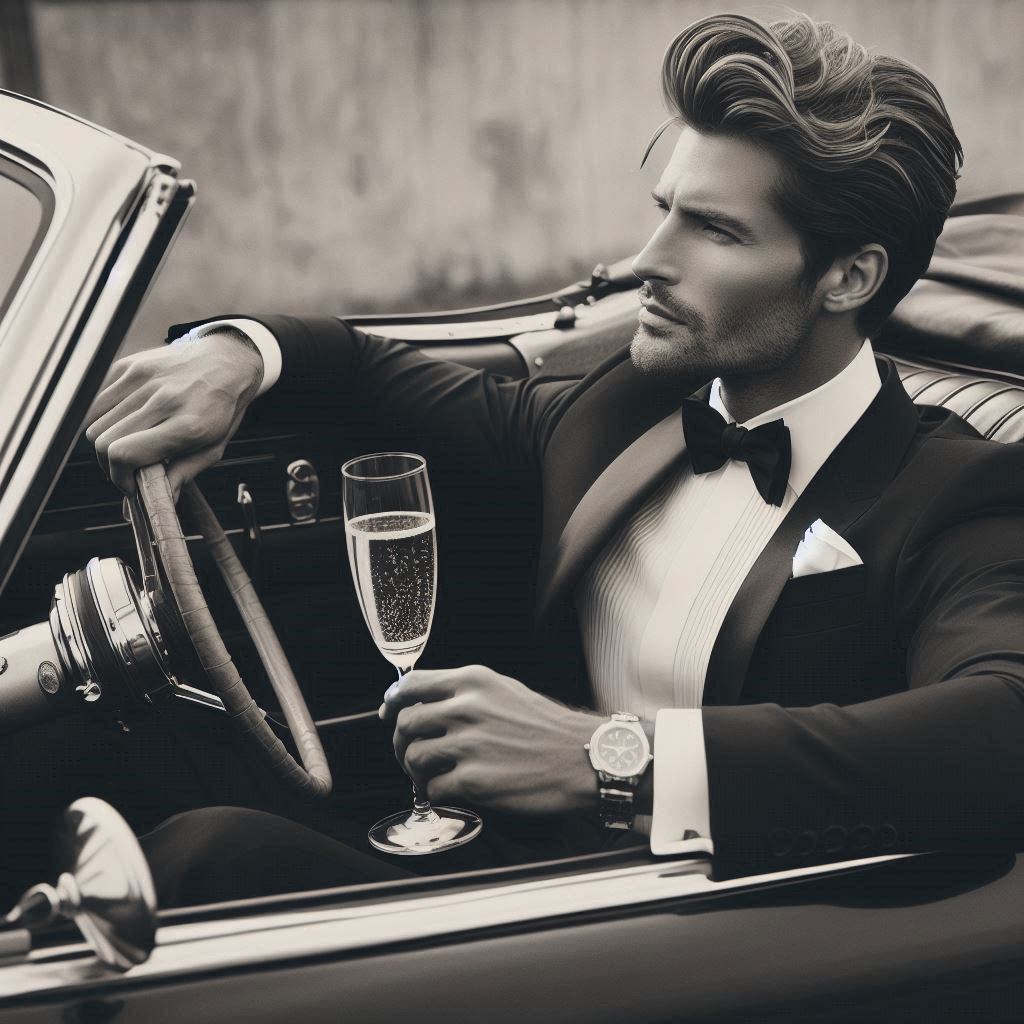 Man in suit with champagne in a convertible Man in suit with champagne in a convertible
