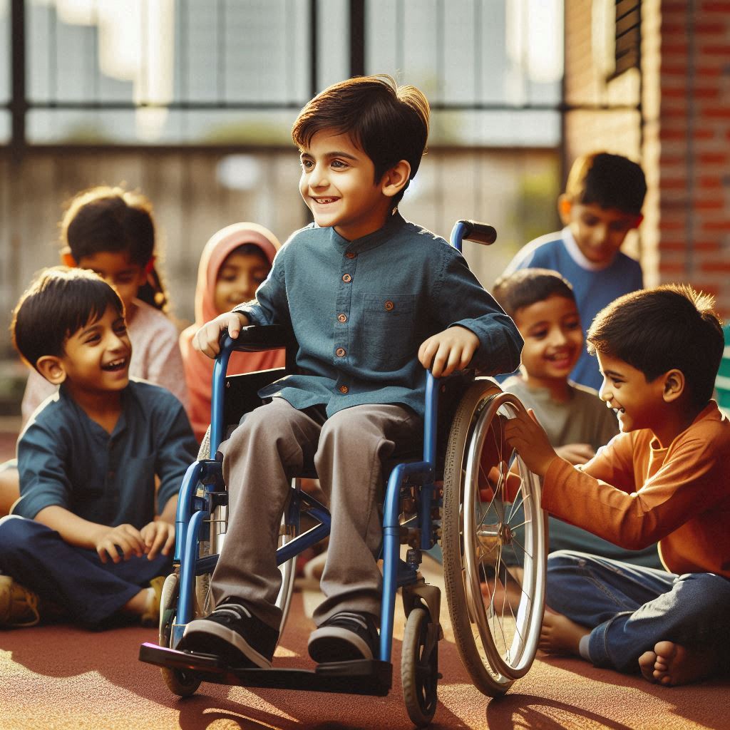 Boy in wheelchair with friends Boy in wheelchair with friends