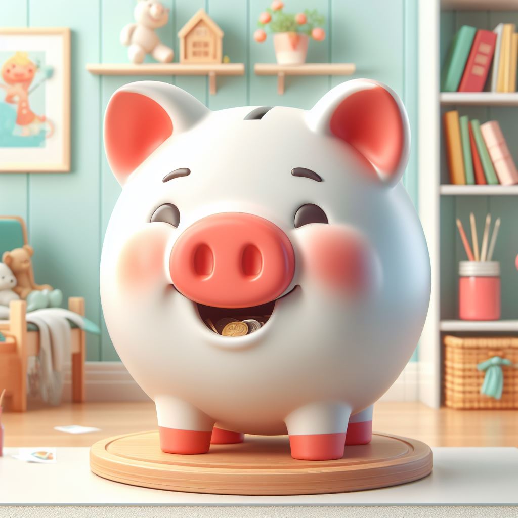 Smiling piggy bank on wooden platform Smiling piggy bank on wooden platform