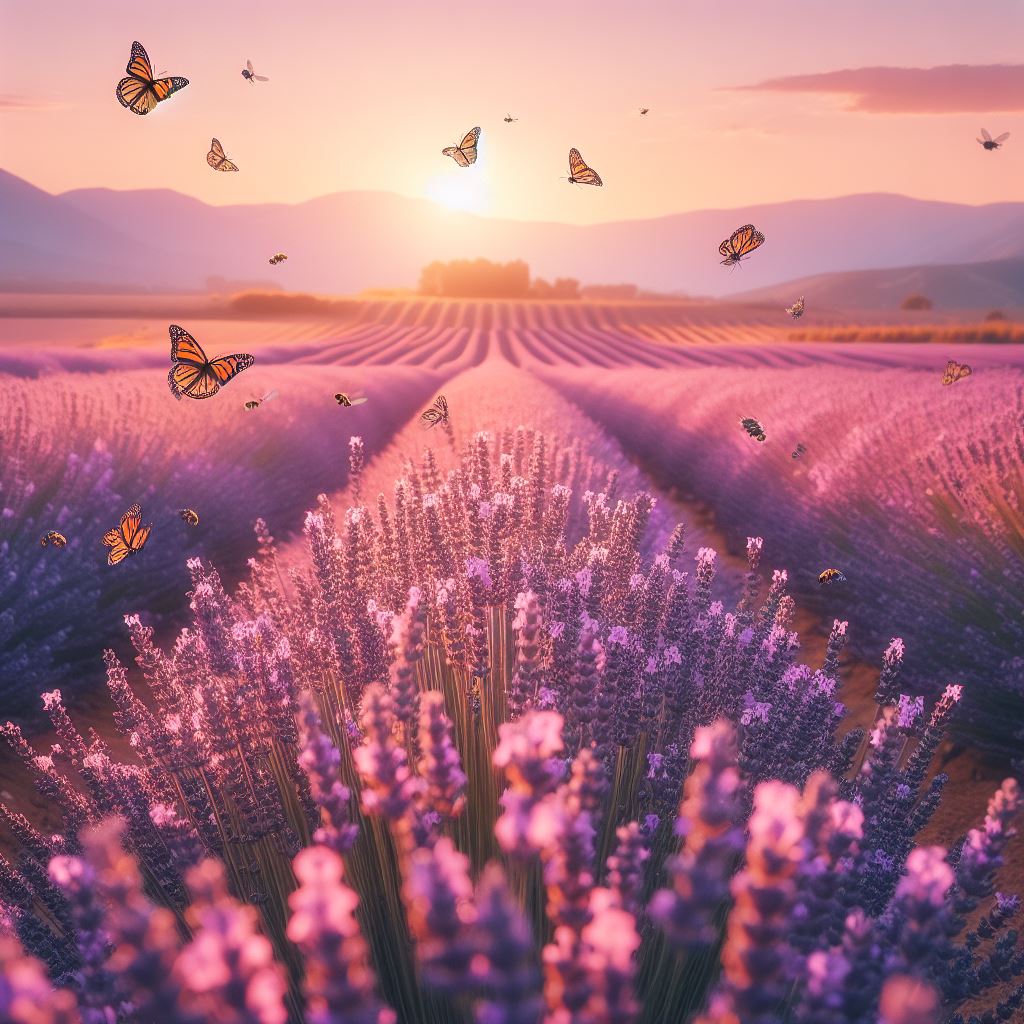 Butterflies in lavender field at sunset Butterflies in lavender field at sunset