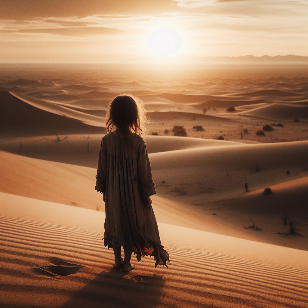 Girl standing in sahara desert at sunset Girl standing in sahara desert at sunset