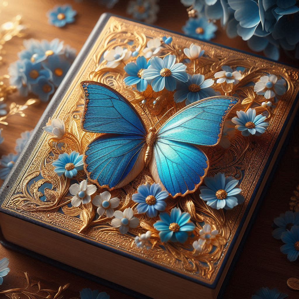 Blue butterfly on ornate book cover Blue butterfly on ornate book cover