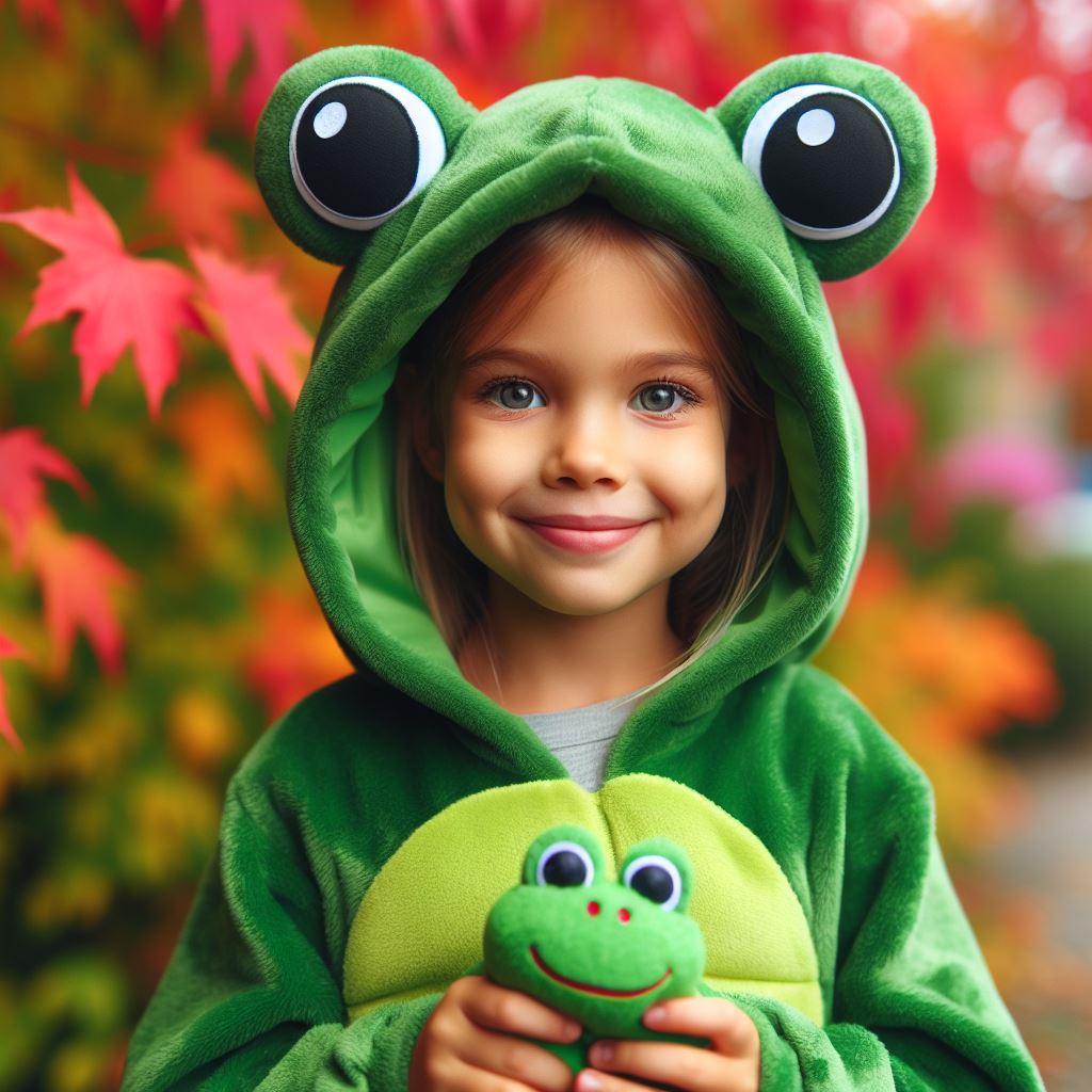 Girl in frog costume smiles Girl in frog costume smiles