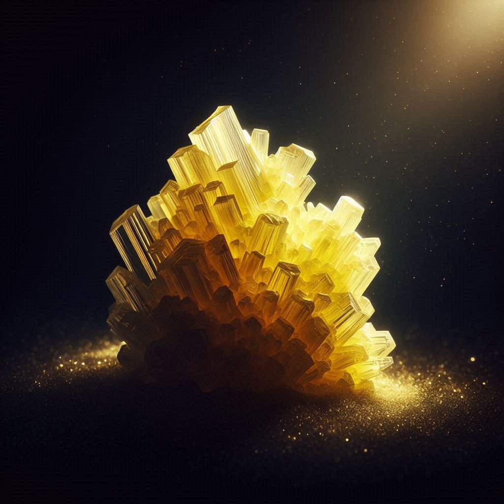 Golden crystal cluster on black background Golden crystal cluster on black background