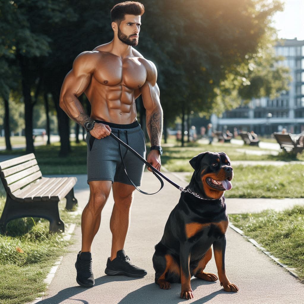 Muscular man walking dog in park Muscular man walking dog in park