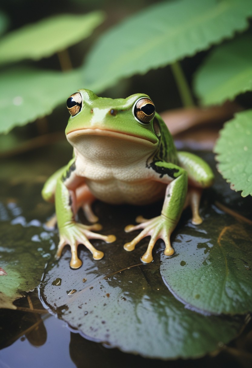 Green tree frog on lily pad Green tree frog on lily pad