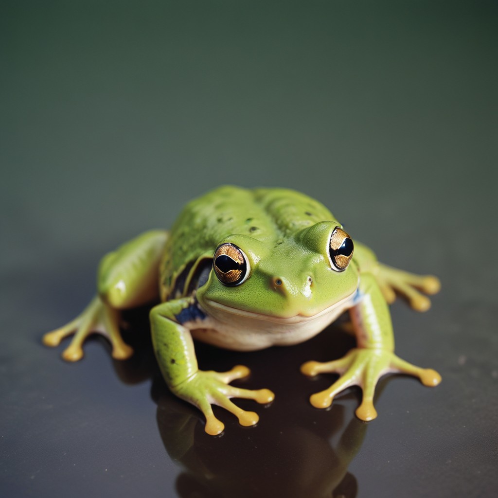 Green tree frog on a dark surface Green tree frog on a dark surface