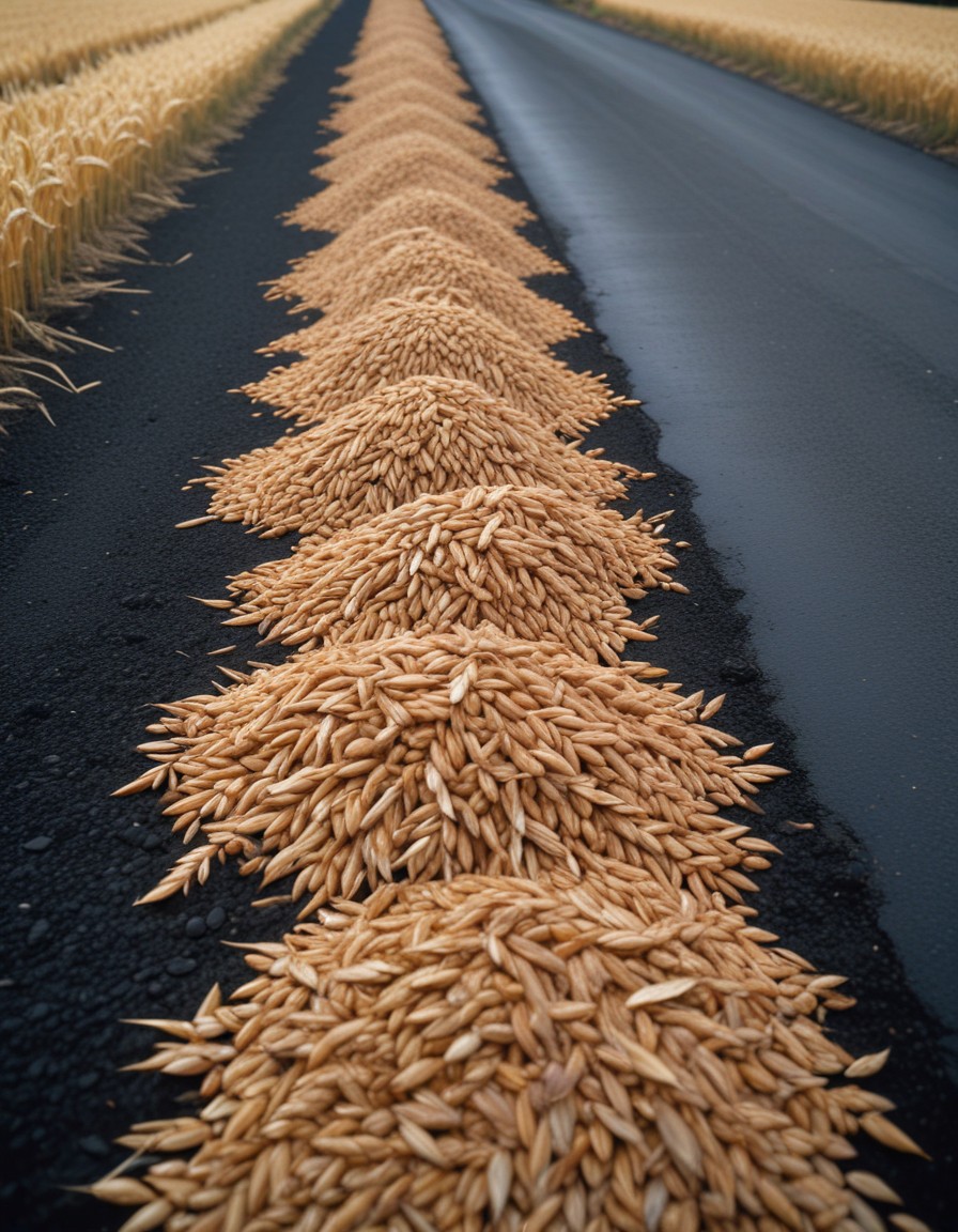 Oat grain piles along road Oat grain piles along road