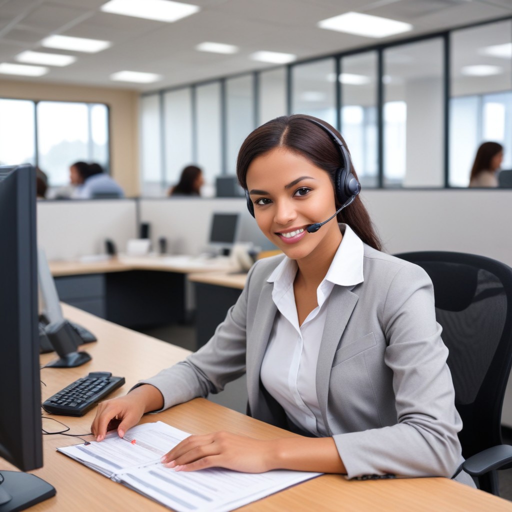 Customer service representative at desk Customer service representative at desk