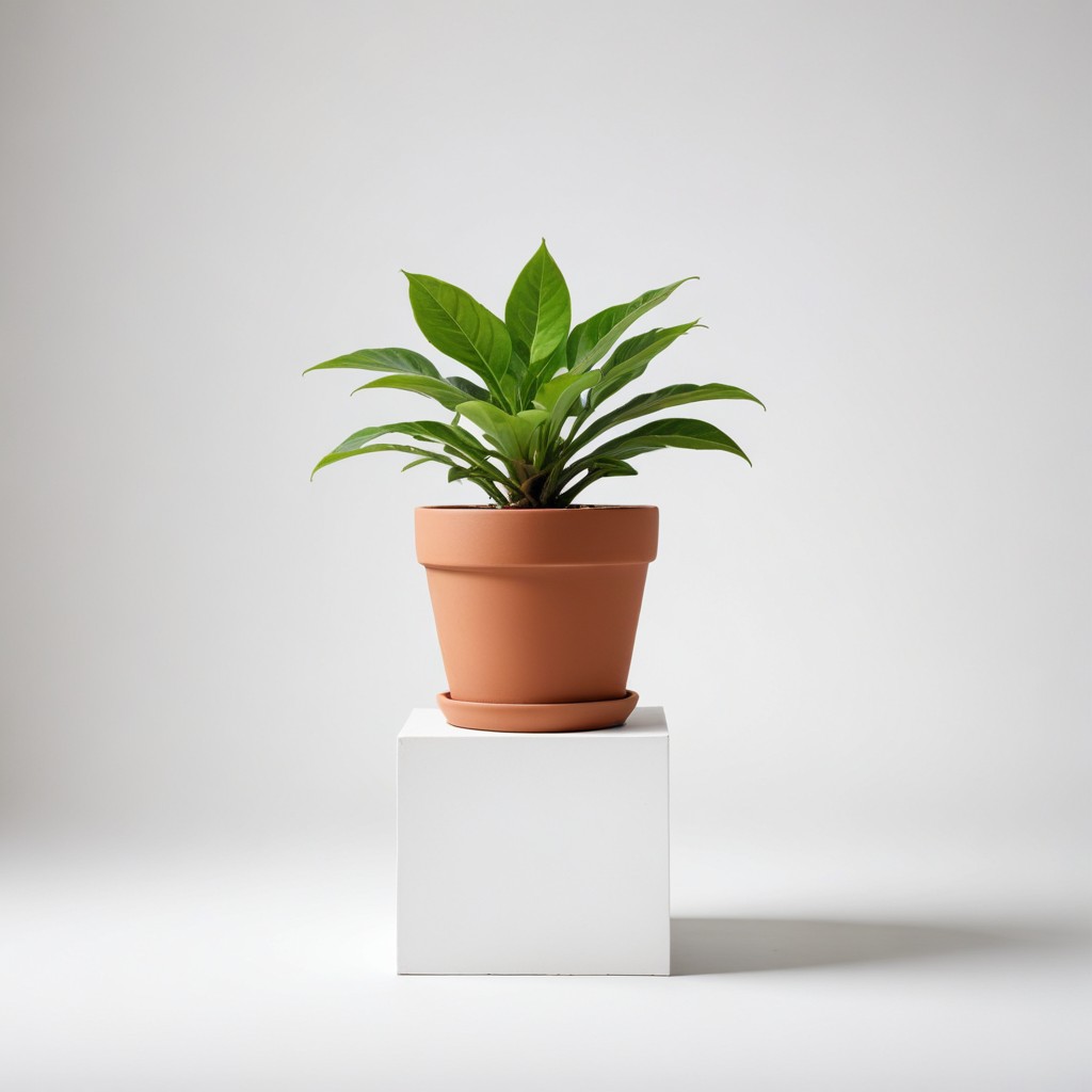 Plant in terracotta pot on white cube Plant in terracotta pot on white cube