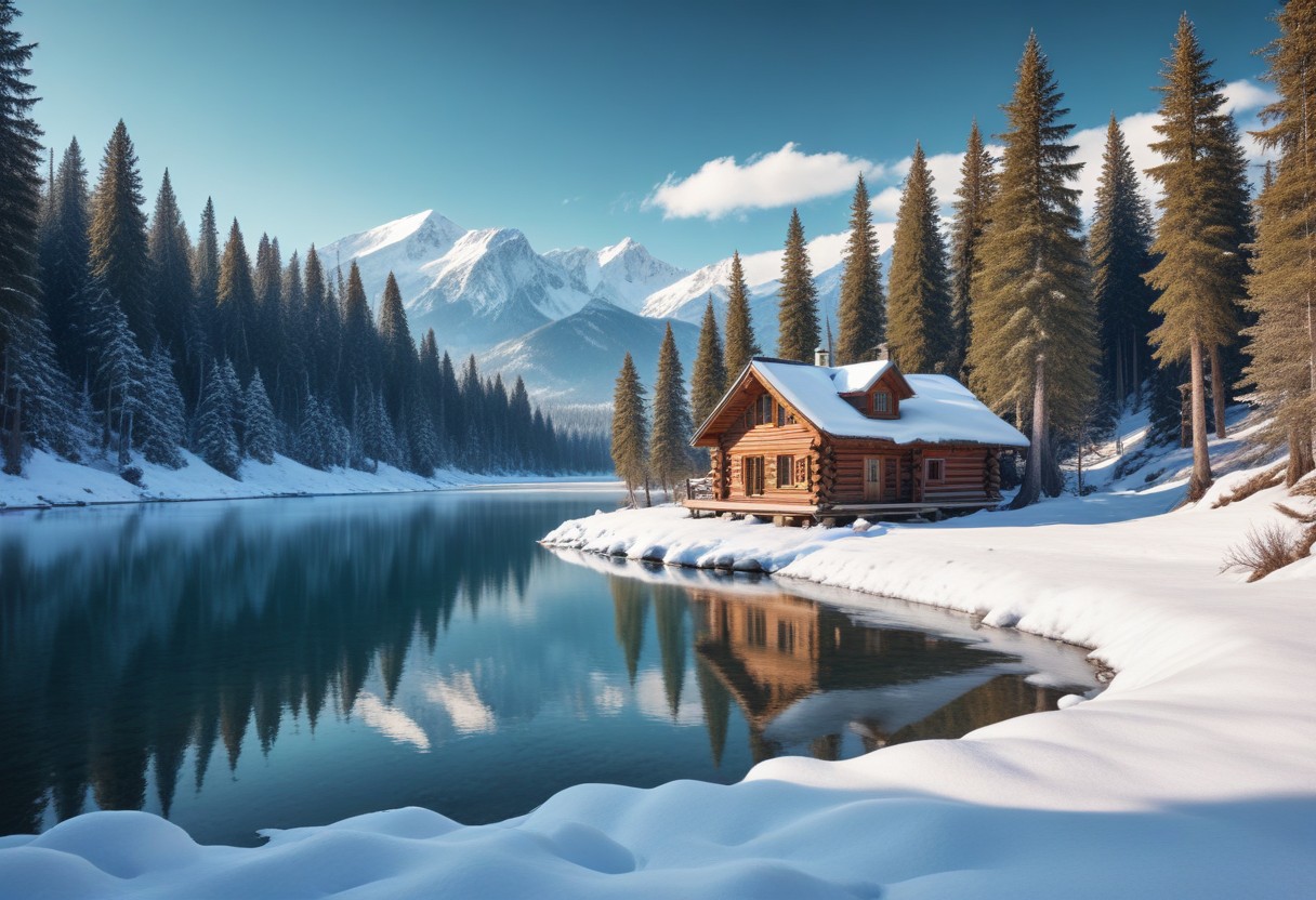 Cabin by frozen lake in mountains Cabin by frozen lake in mountains