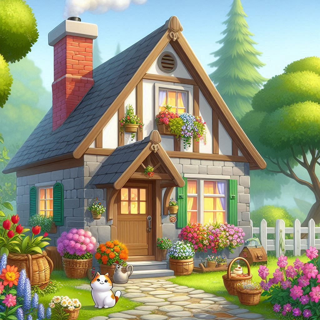Stone cottage with cat and flowers Stone cottage with cat and flowers