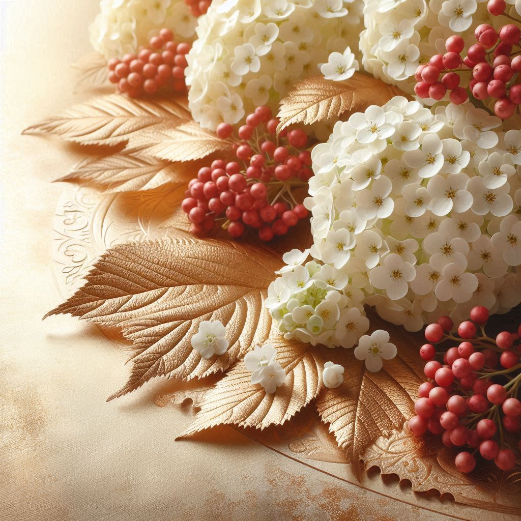 White flowers and red berries on gold leaves White flowers and red berries on gold leaves