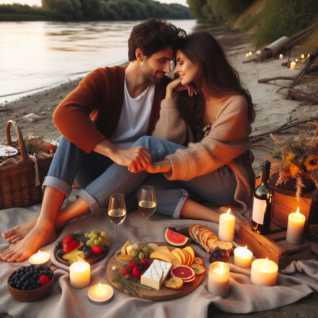 Romantic couple picnic by the river Romantic couple picnic by the river