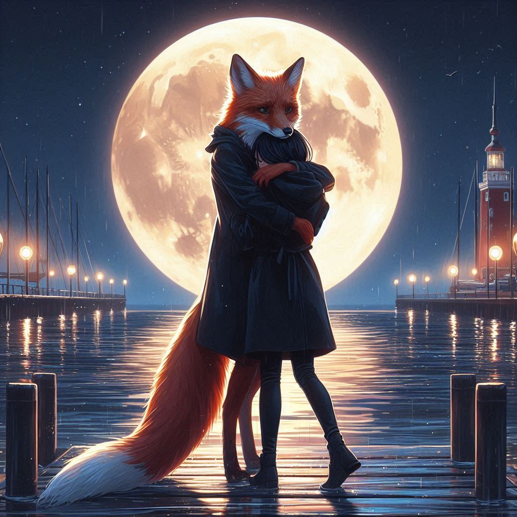 Fox and girl embrace under full moon Fox and girl embrace under full moon