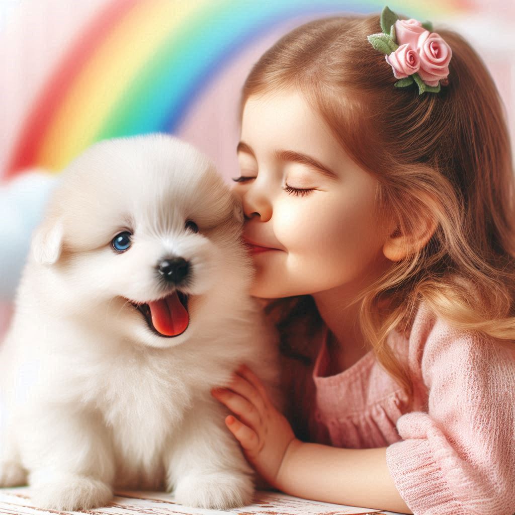 Girl kisses puppy in front of rainbow Girl kisses puppy in front of rainbow