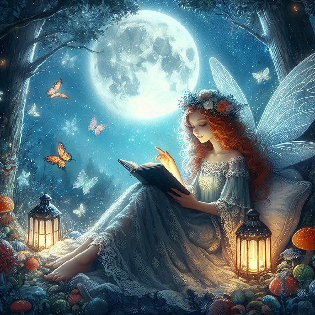 Fairy reading under moonlight Fairy reading under moonlight