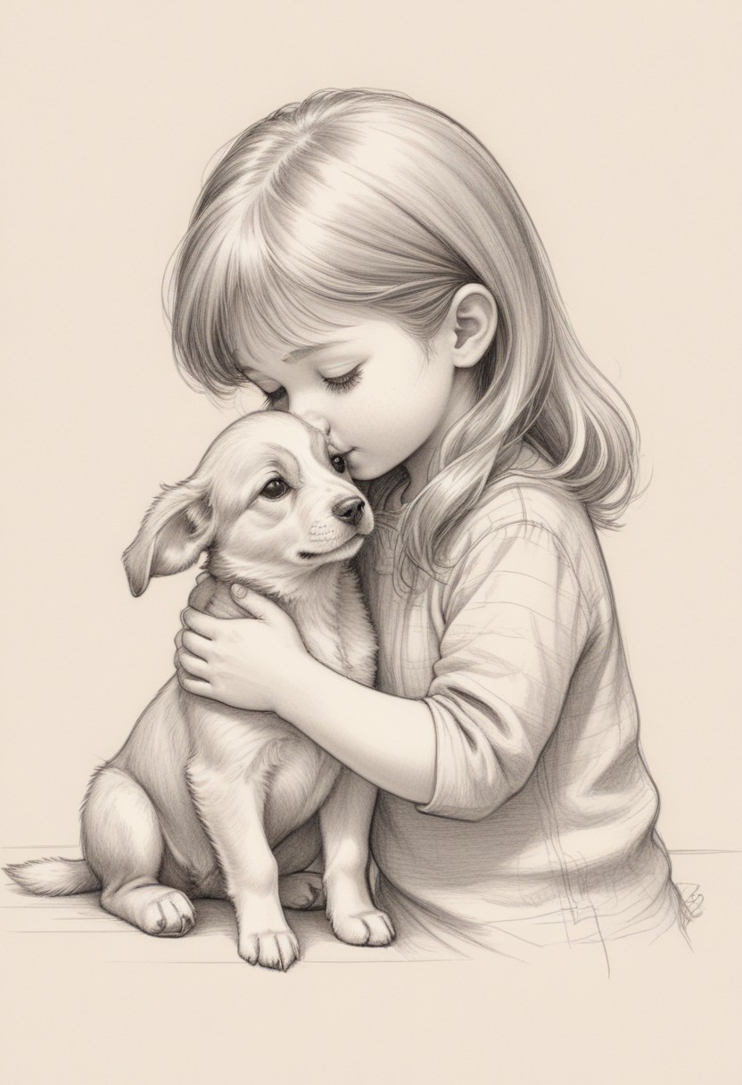 Girl kissing puppy pencil drawing Girl kissing puppy pencil drawing