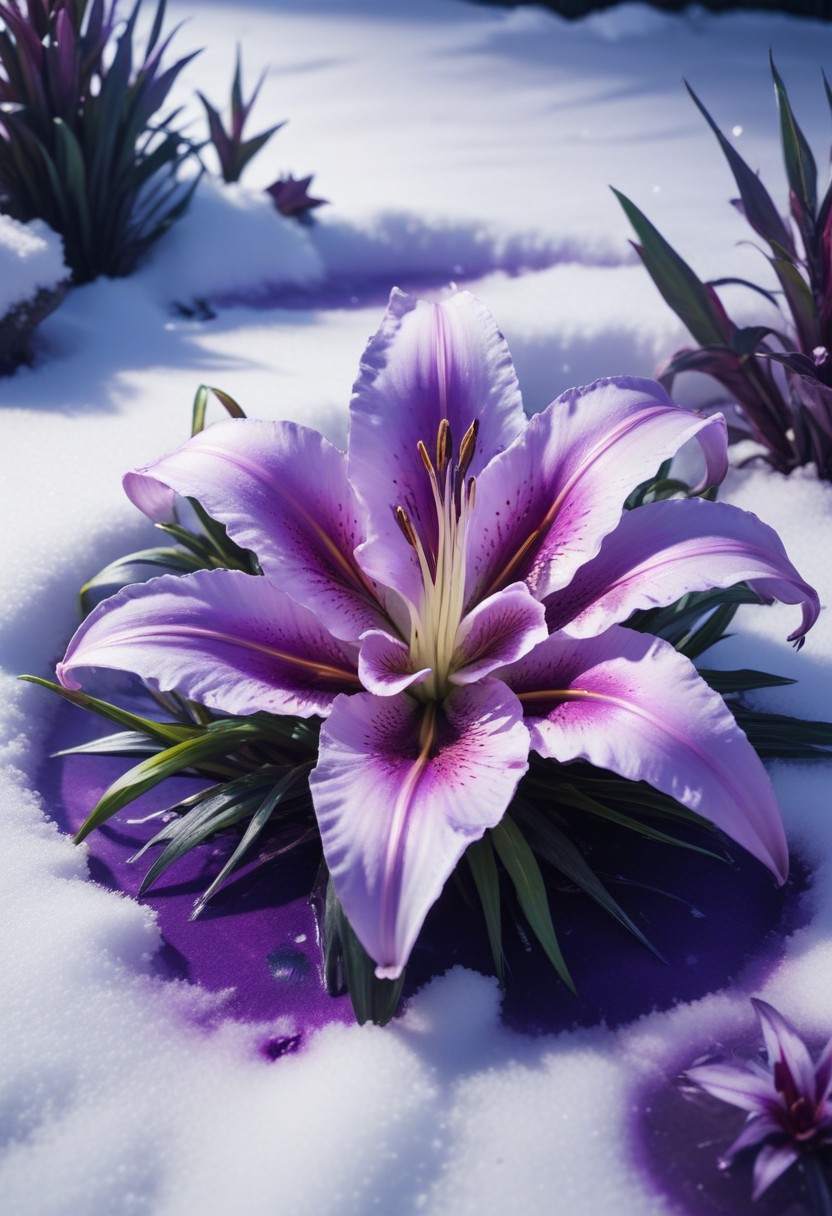 Purple lily in snow Purple lily in snow