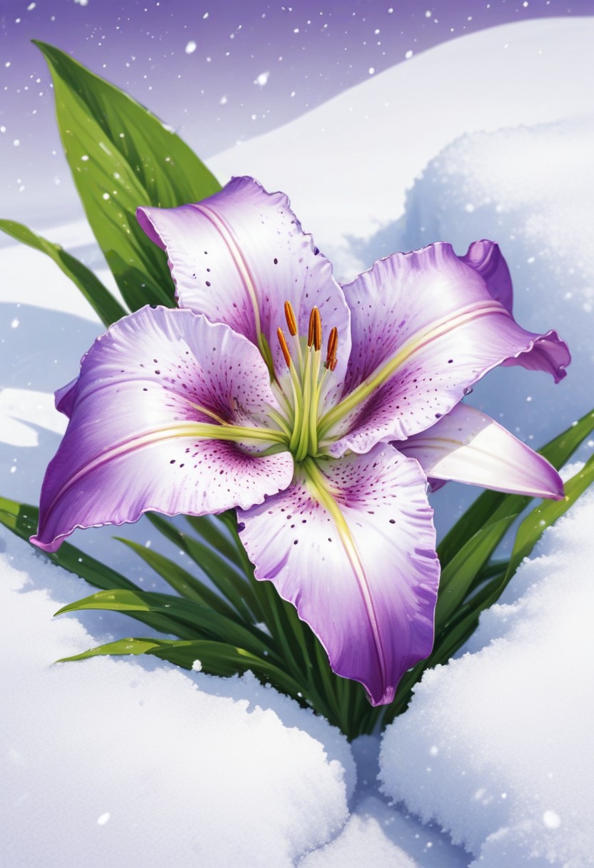 Purple lily in winter snow Purple lily in winter snow