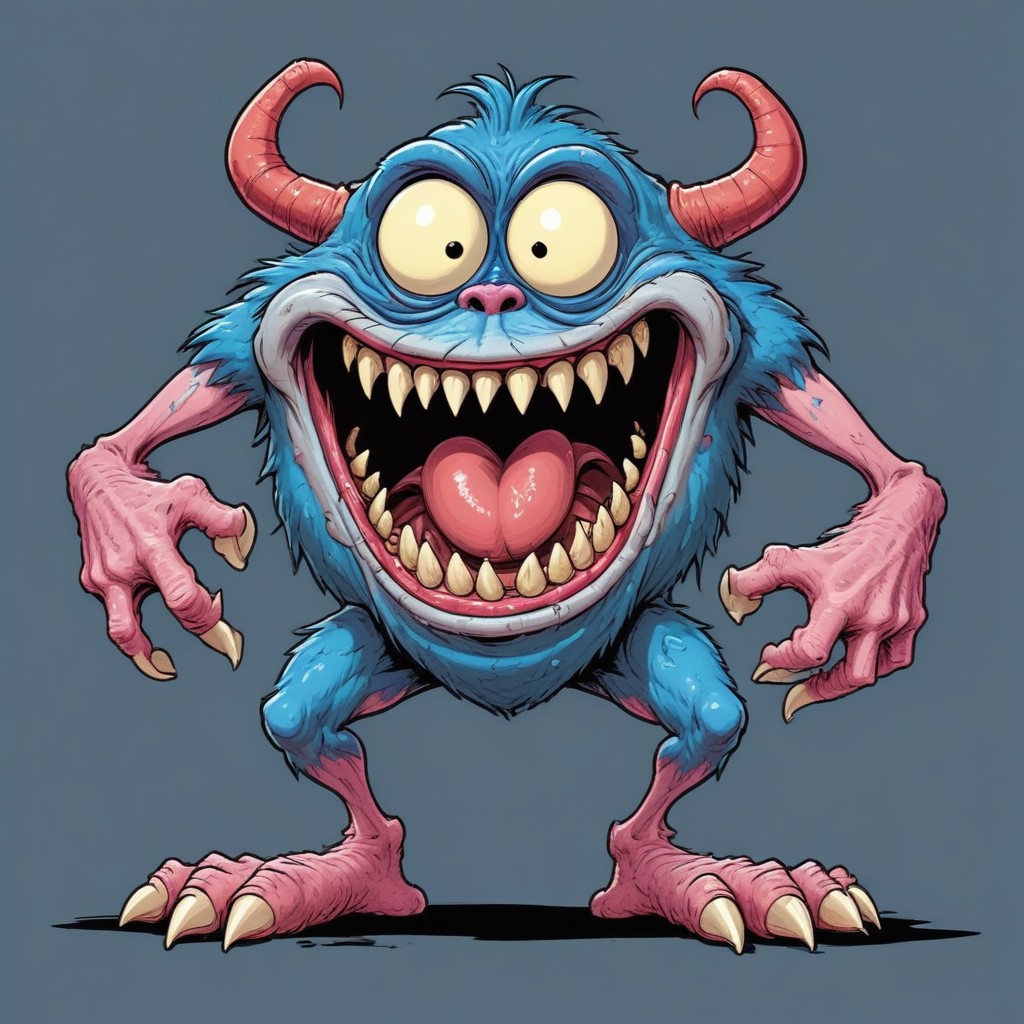 Blue monster with horns grinning Blue monster with horns grinning