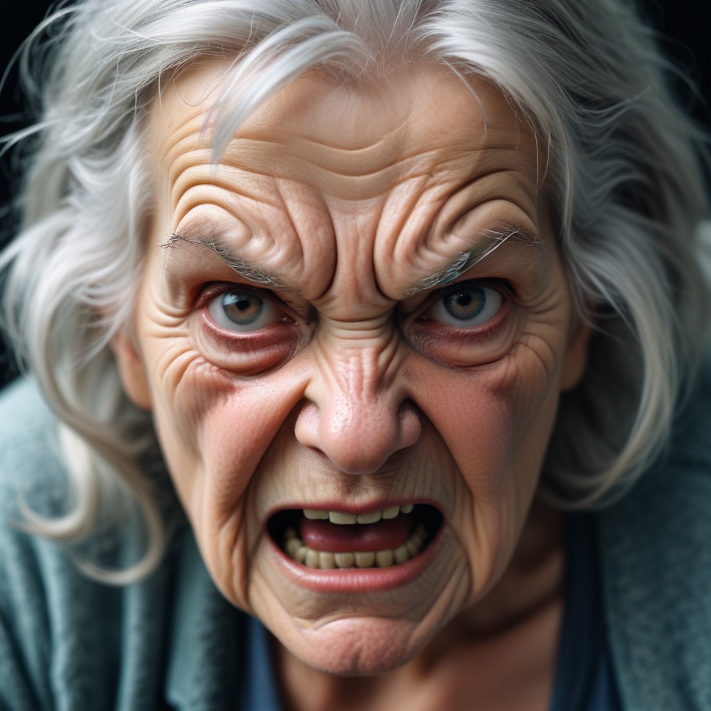 Elderly woman shouting in anger Elderly woman shouting in anger
