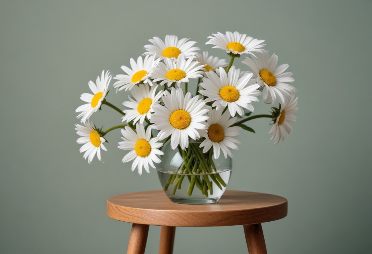 Daisies in a vase on a stool Daisies in a vase on a stool