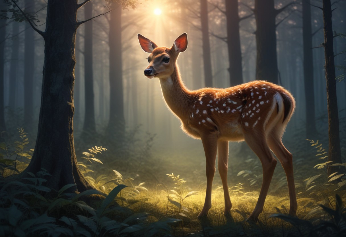 Fawn in a sunlit forest Fawn in a sunlit forest